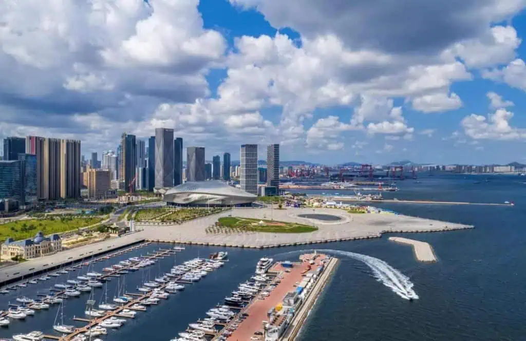 A view of the Dalian International Conference Center and its surrounding buildings in Zhongshan district of Dalian, Liaoning province.